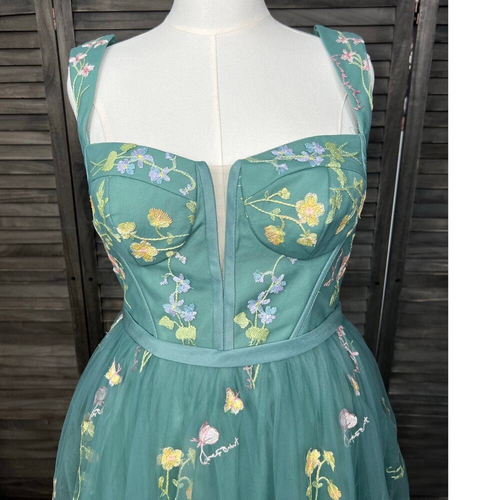 Teal Green Embroidered Floral Tulle Corset Midi Dress 10 Fairycore Formal - Picture 5 of 13